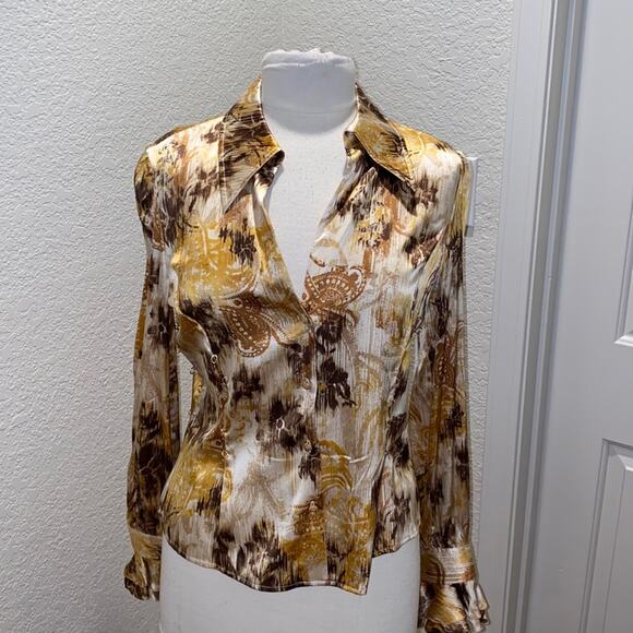 St. John Couture Button Down Silk Vintage Blouse Sz 8 Abstract Brown Gold - Picture 1 of 9